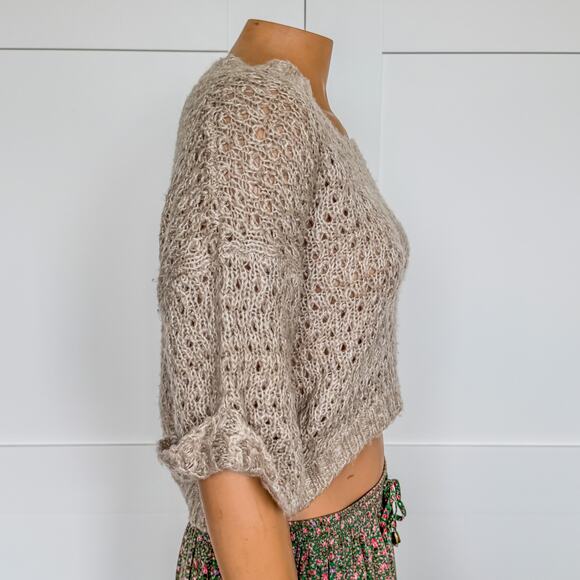 Derek Heart, Beige Relaxed Fit Cropped Short Sleeve Sweater-Women’s Size Medium - Picture 3 of 8